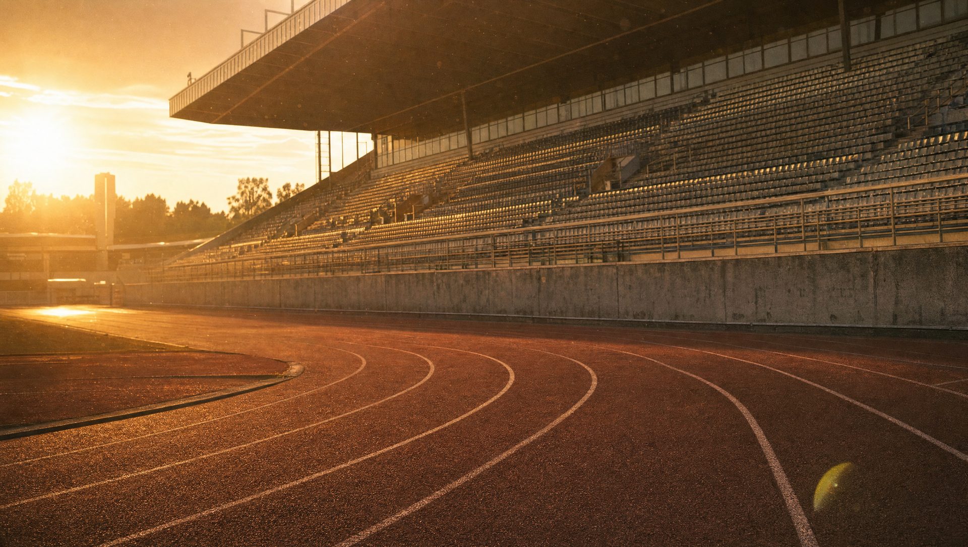 Leeres Leichtathletik-Stadion im Abendlicht